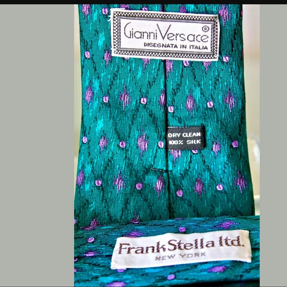 GIANNI VERSACE MENS TIE TEAL SILK FRANK STELLA 80s VINTAGE - Picture 6 of 8
